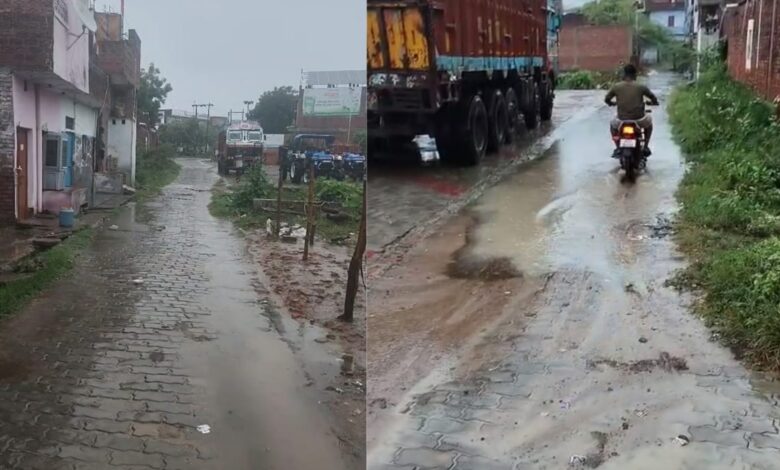 "रसूलाबाद तिश्ती ग्राम पंचायत में जमी हुई गंदी नालियां और गंदगी से भरा इलाका"