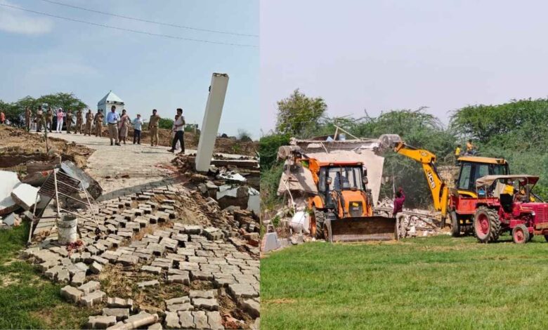 घाटमपुर में अवैध होटल पर चलता बुलडोजर।