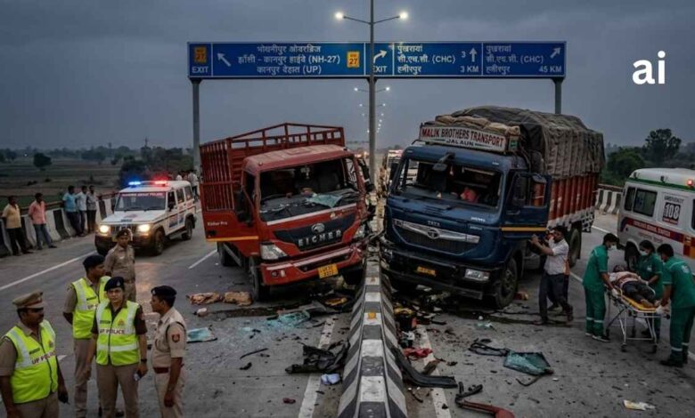 भोगनीपुर ओवरब्रिज पर क्षतिग्रस्त हुए दो ट्रक