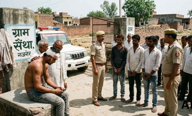 गजनेर पुलिस की गिरफ्त में खड़े चार आरोपी और घायल युवक