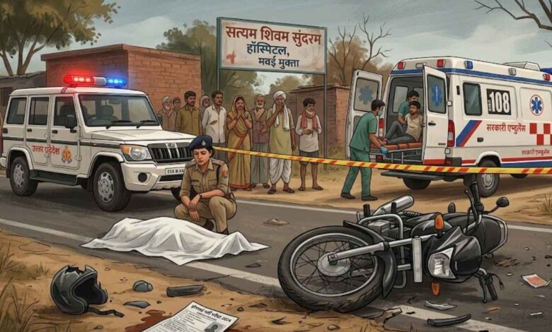 सड़क हादसे के बाद मौके पर जमा पुलिस और ग्रामीणों की भीड़