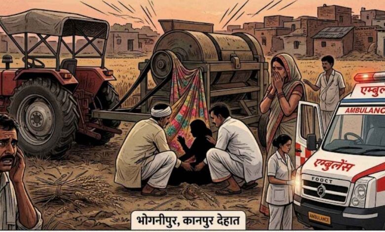 कानपुर देहात में थ्रेसर हादसे के बाद अस्पताल में भर्ती घायल महिला।