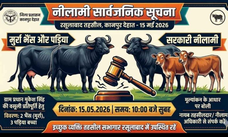 रसूलाबाद तहसील कार्यालय के बाहर नीलामी की सूचना पढ़ते लोग