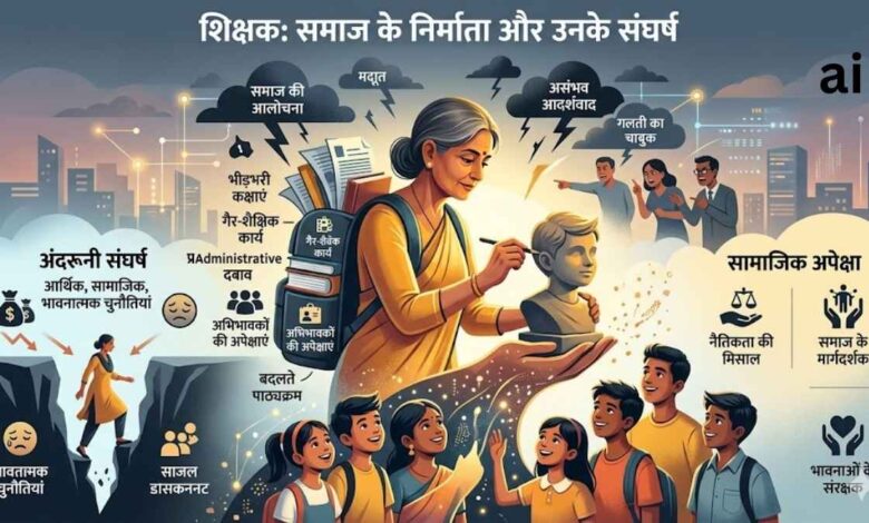 एक कक्षा में बच्चों के बीच बैठा तनावग्रस्त लेकिन समर्पित शिक्षक।