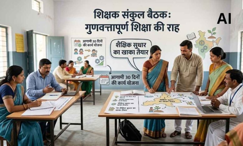 कानपुर देहात में शिक्षक संकुल बैठक के दौरान चर्चा करते शिक्षक और अधिकारी।