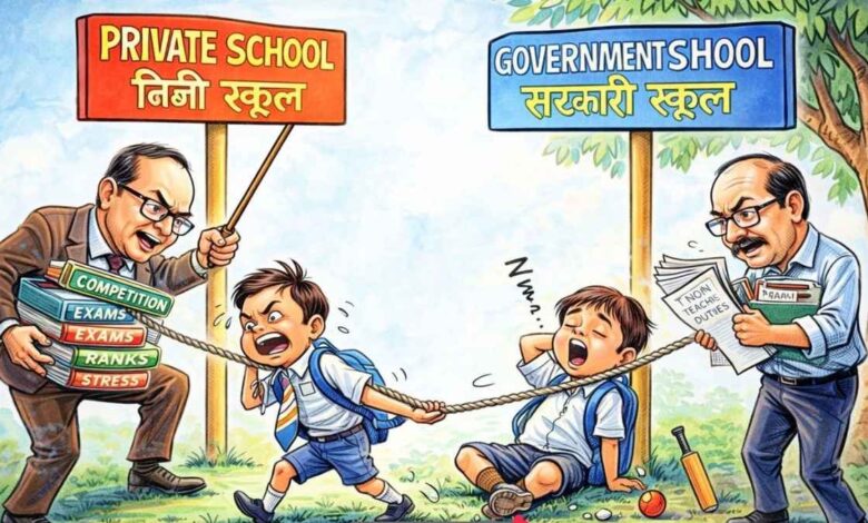 सरकारी और निजी स्कूल की शिक्षा व्यवस्था का तुलनात्मक दृश्य।