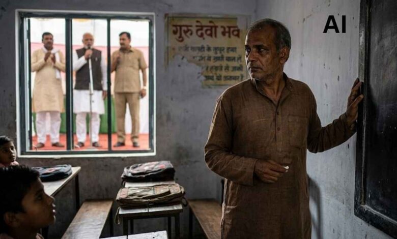 ब्लैकबोर्ड के पास खड़ा एक गंभीर और विचारमग्न शिक्षक