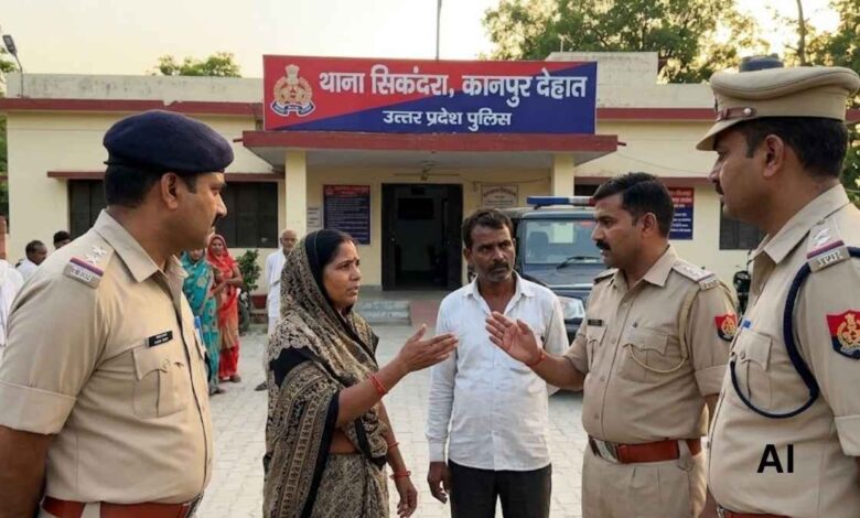 सिकंदरा थाना परिसर और मामले की जांच करते पुलिस अधिकारी।