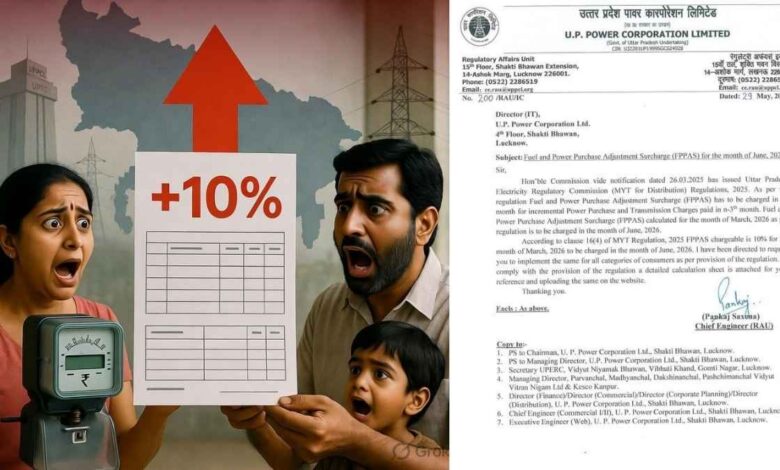 उत्तर प्रदेश में जून 2026 बिजली बिल पर 10 प्रतिशत FPPAS सर्चार्ज की वायरल न्यूज ग्राफिक