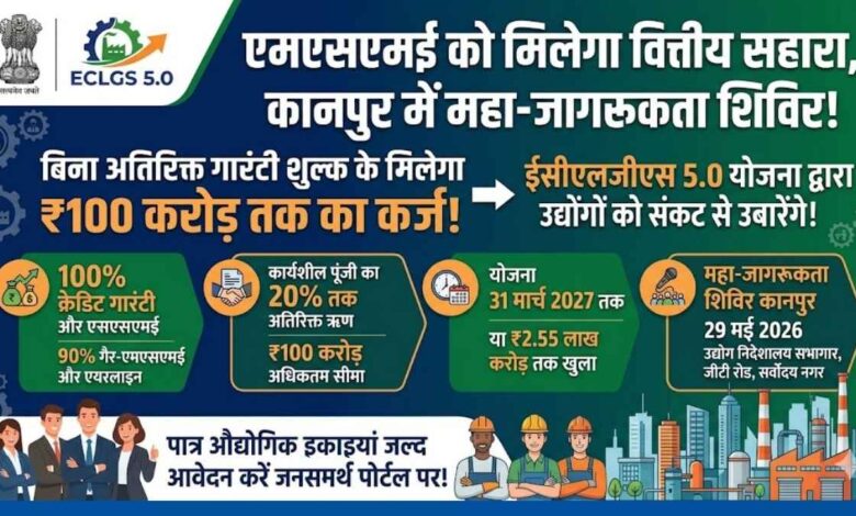 कानपुर के उद्योग निदेशालय में आयोजित होने वाले एमएसएमई ऋण जागरूकता शिविर का सूचनात्मक बैनर