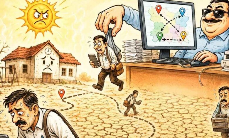 धूप में जनगणना ड्यूटी के विरोध में आक्रोश जताते शिक्षक