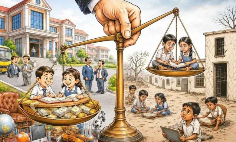 एक तरफ आधुनिक सुविधाओं से लैस प्राइवेट स्कूल और दूसरी तरफ सामान्य सरकारी स्कूल की कक्षा का तुलनात्मक दृश्य