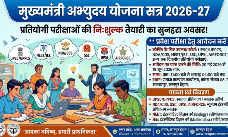 मुख्यमंत्री अभ्युदय योजना का पोस्टर और प्रतियोगी परीक्षाओं की तैयारी करते छात्र।