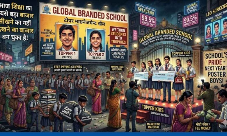 ऊंची-ऊंची इमारतों की चकाचौंध में खो गई है शिक्षा 1 एक क्लासरूम का दृश्य जहाँ ब्लैकबोर्ड पर बड़े-बड़े अक्षरों में 'सफलता और 100%' लिखा है और सामने एक बच्चा उदास बैठा है।