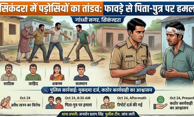 सिकंदरा थाना पुलिस की गाड़ी और गांधी नगर में जांच पड़ताल करते पुलिसकर्मी