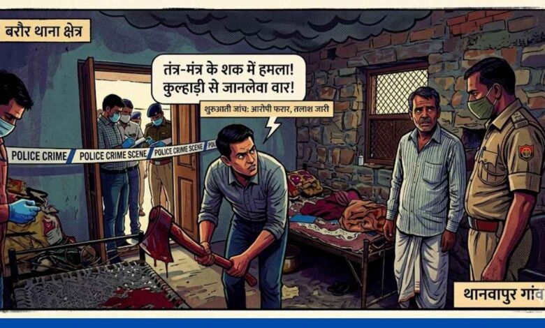 कानपुर देहात: तंत्र मंत्र के शक में महिला पर कुल्हाड़ी से जानलेवा हमला,हालत गंभीर 1 कानपुर देहात के बरौर थाना क्षेत्र में पुलिस टीम जांच करती हुई