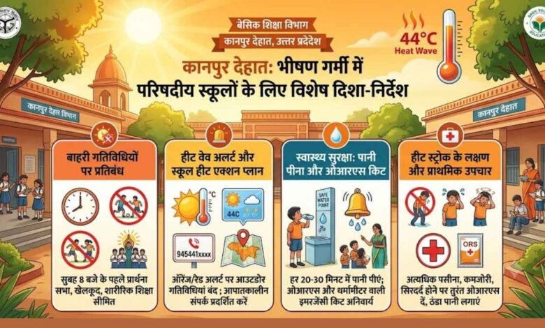 कानपुर देहात के एक स्कूल में पानी पीते हुए छात्र और हीट वेव गाइडलाइंस