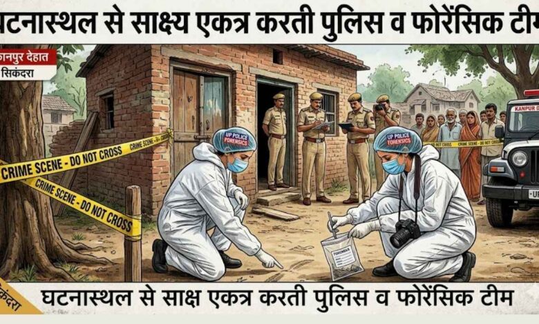 मदनपुर गांव में घटनास्थल पर जांच करती सिकंदरा थाना पुलिस और फोरेंसिक टीम
