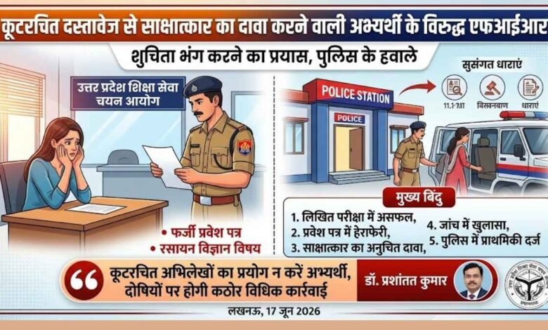 उत्तर प्रदेश शिक्षा सेवा चयन आयोग का कार्यालय और पुलिस कार्रवाई की सांकेतिक तस्वीर