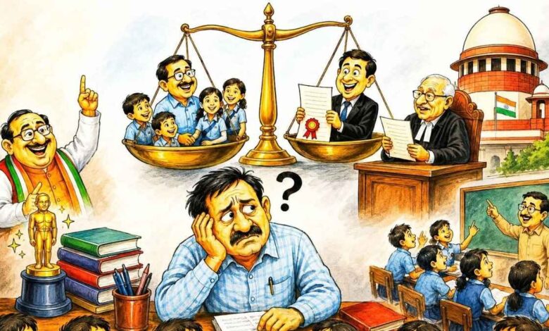 एक सरकारी स्कूल की कक्षा में ब्लैकबोर्ड के पास खड़े बुजुर्ग शिक्षक और हाथ में डिग्रियां व टीईटी प्रमाणपत्र लिए खड़े परीक्षार्थी के बीच का अंतर।