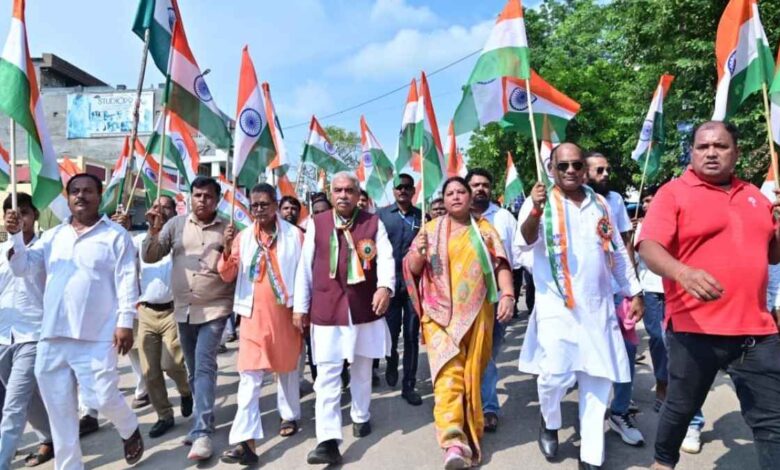 Minister Rakesh Sachan Leading Tiranga Yatra In Pukhrayan