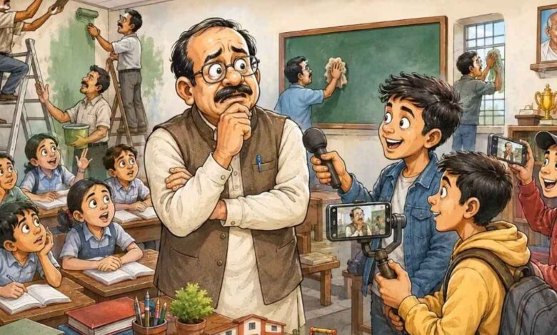 प्राथमिक विद्यालय में कैमरे के सामने अपनी बात रखते बच्चे और शिक्षक