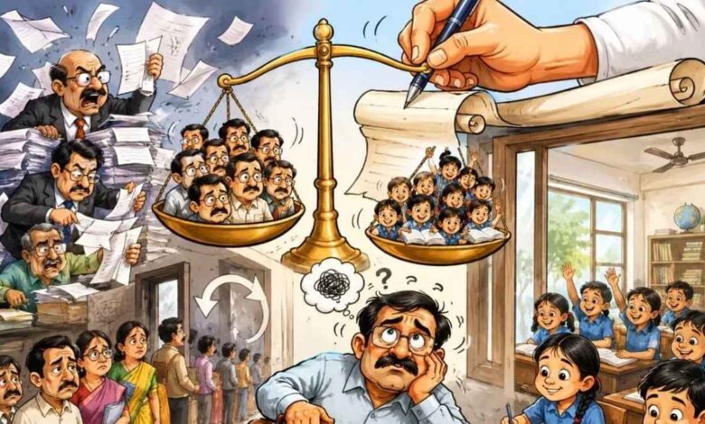 सरप्लस की मुहर और नीतिगत अनिश्चितता: क्या ऐसे मिलेगी बच्चों को गुणवत्तापूर्ण शिक्षा 1 प्राथमिक विद्यालय में सरप्लस शिक्षक और शिक्षा नीति पर विचारत्मक दृश्य